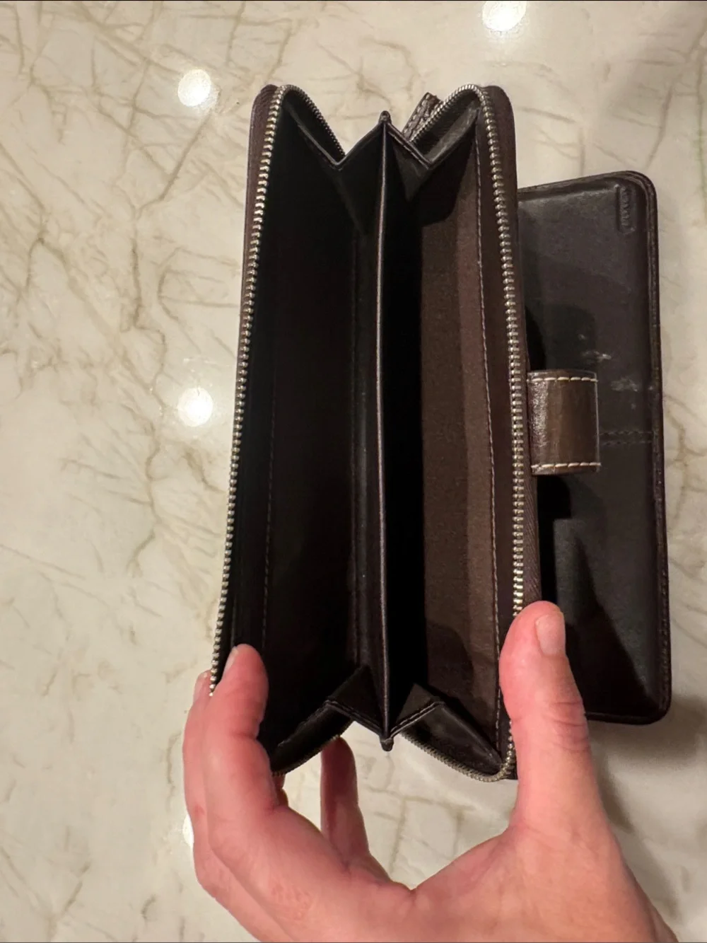 Coach Brown Signature Canvas Zip Wallet with Dark Brown Stripe